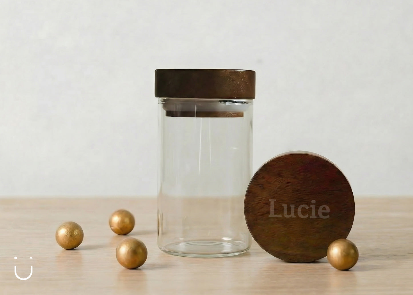 Glazen potje, acacia deksel met naam - Doopsuiker