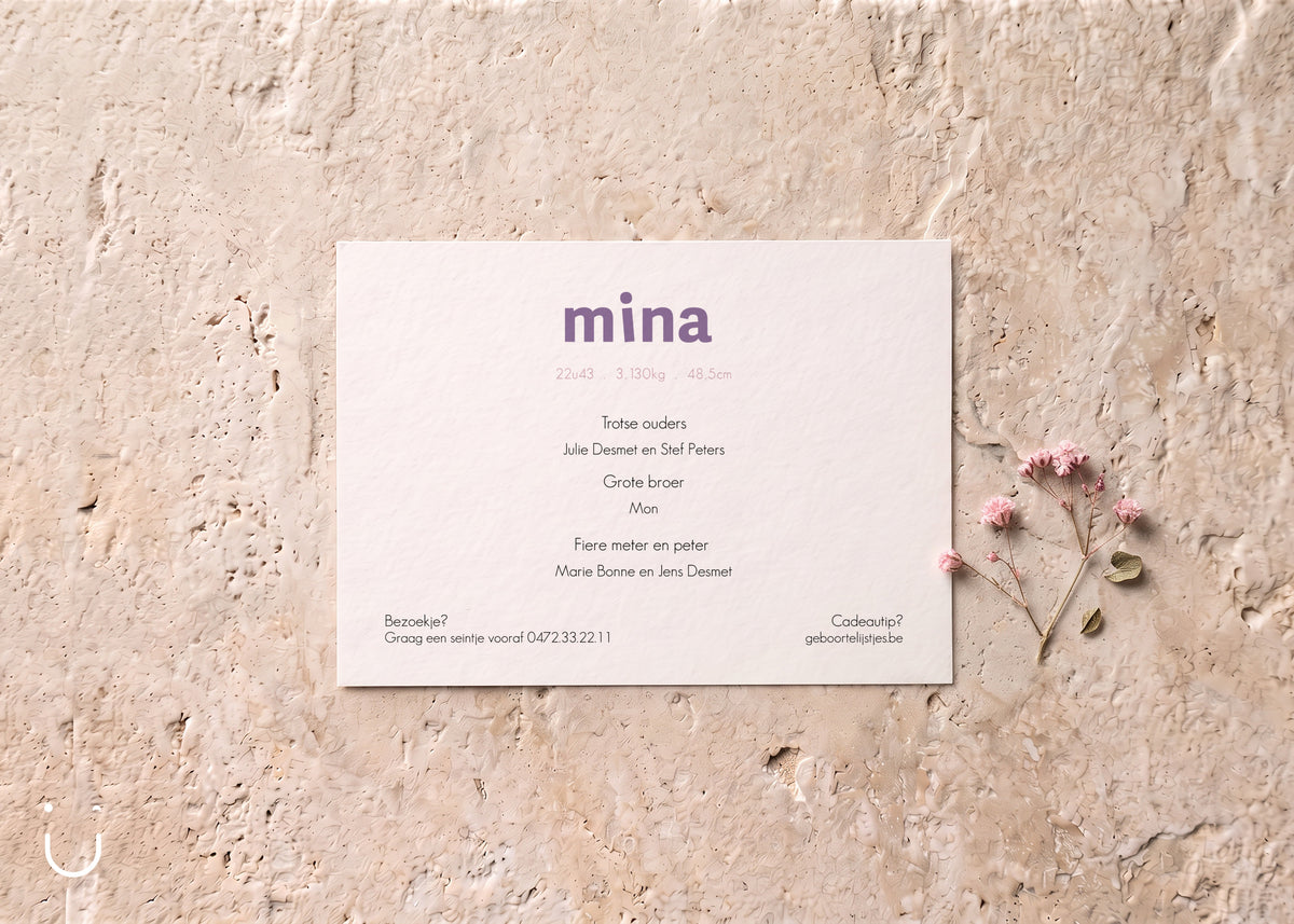Geboortekaartje "Mina" - achterkant - Deugeniet