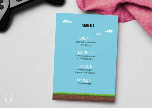 "LEVEL UP" menukaart - Deugeniet - Menukaart huwelijk