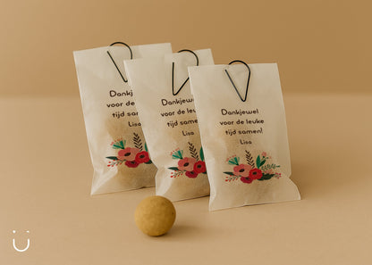 Traktatie zakje met Blossombs - Bedankt voor de leuke tijd - Deugeniet - Traktatie collega