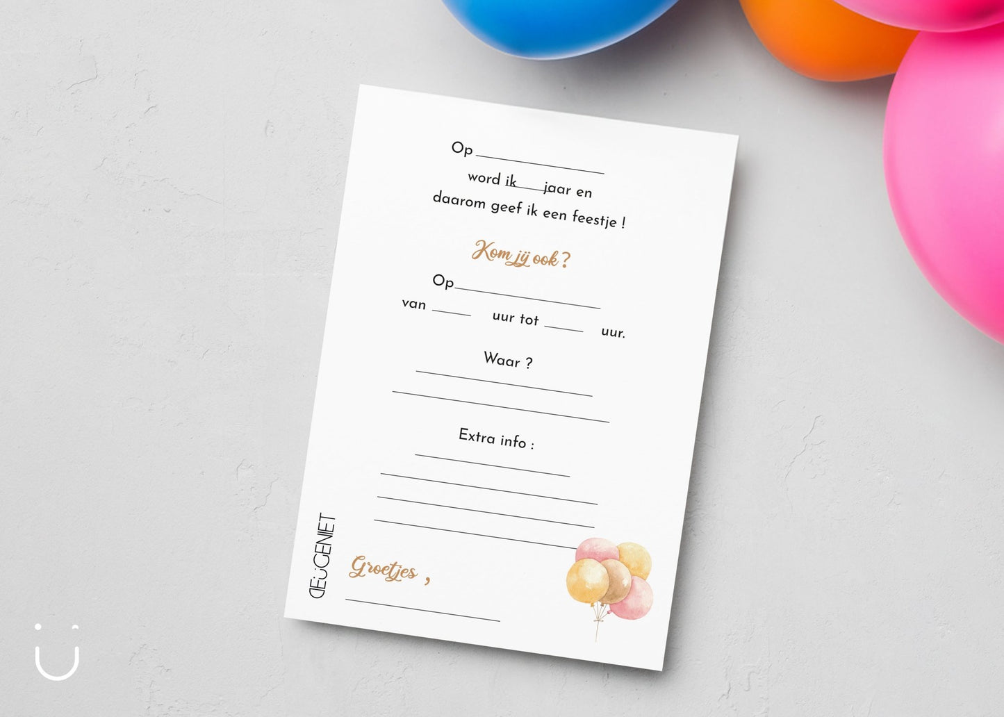 Uitnodiging kinderfeestje "Ballonnen" - Deugeniet - Uitnodiging verjaardagsfeestje
