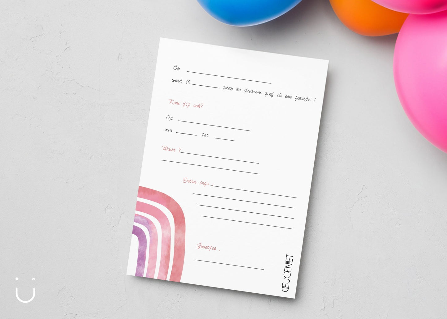 Uitnodiging kinderfeestje "Roze regenboog" - Deugeniet - Uitnodiging verjaardagsfeestje